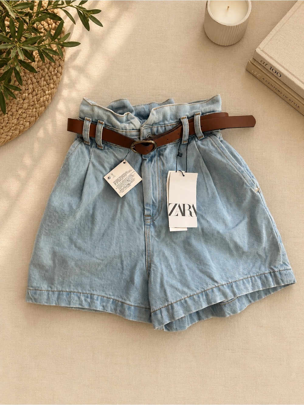 ZARA Light Blue High-Waist Paperbag Denim Shorts with Brown Belt